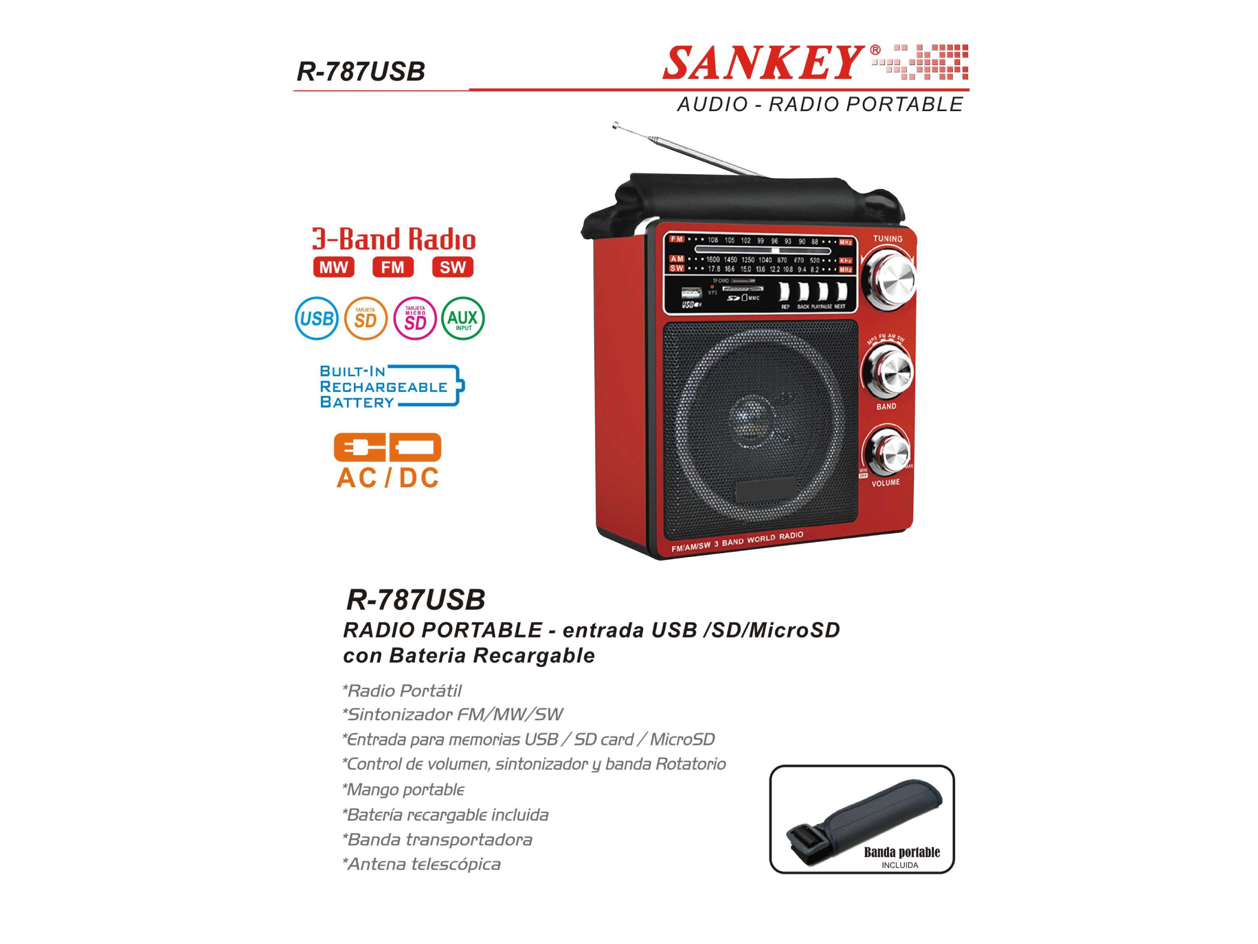 Radio portátil AM/FM recargable USB/SD SANKEY
